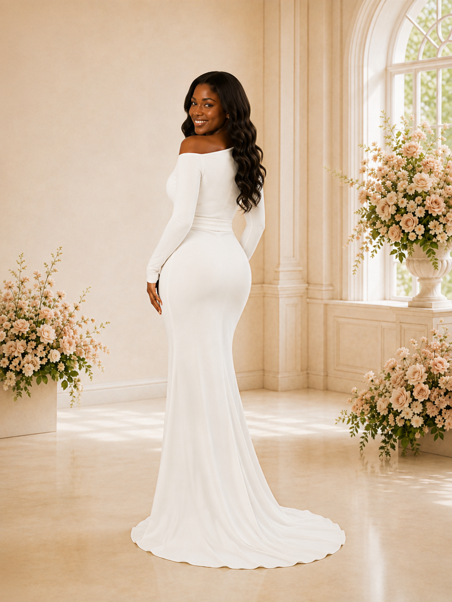 ChicSew Modern Asymmetrical Neck Long Sleeves Crepe Ruched Long Mermaid Wedding Dress