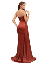 Elegant Sweetheart Silky Satin Lace Mermaid Side Slit Long Bridesmaid Dresses