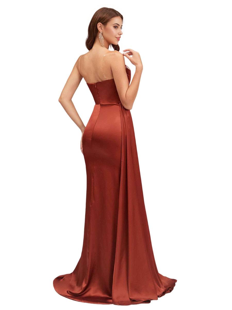 Elegant Sweetheart Silky Satin Lace Mermaid Side Slit Long Bridesmaid Dresses