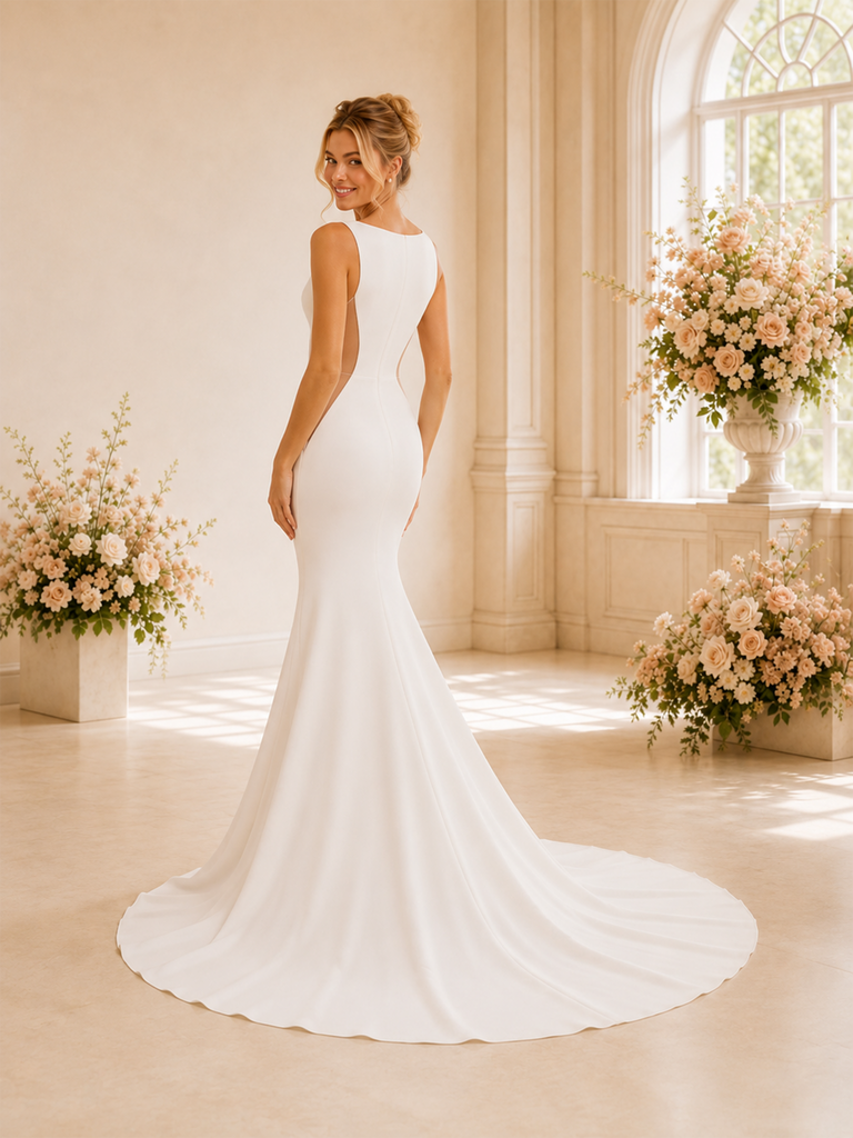 ChicSew Unique Bateau Sleeveless Mermaid Crepe Maxi Long Wedding Dresses