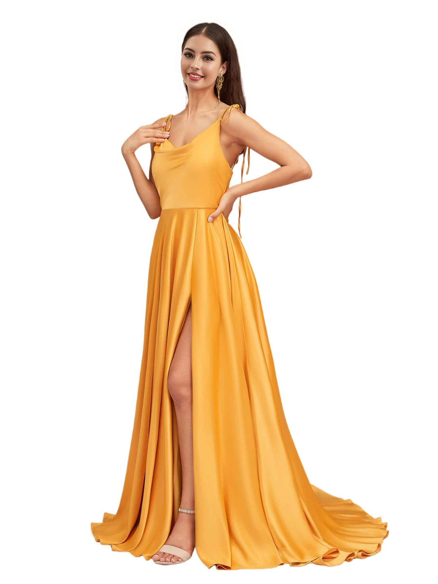 Sexy Side Slit Spaghetti Straps A-Line Soft Satin Pretty Long Bridesmaid Dresses