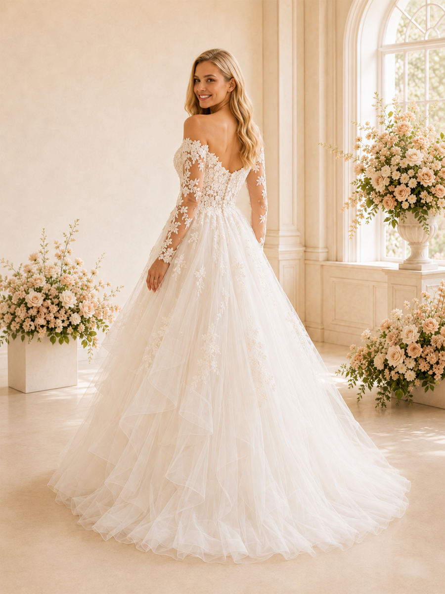 ChicSew Modern A-Line Lace Tulle V-Neck Long Sleeves Tiered Maxi Wedding Dresses