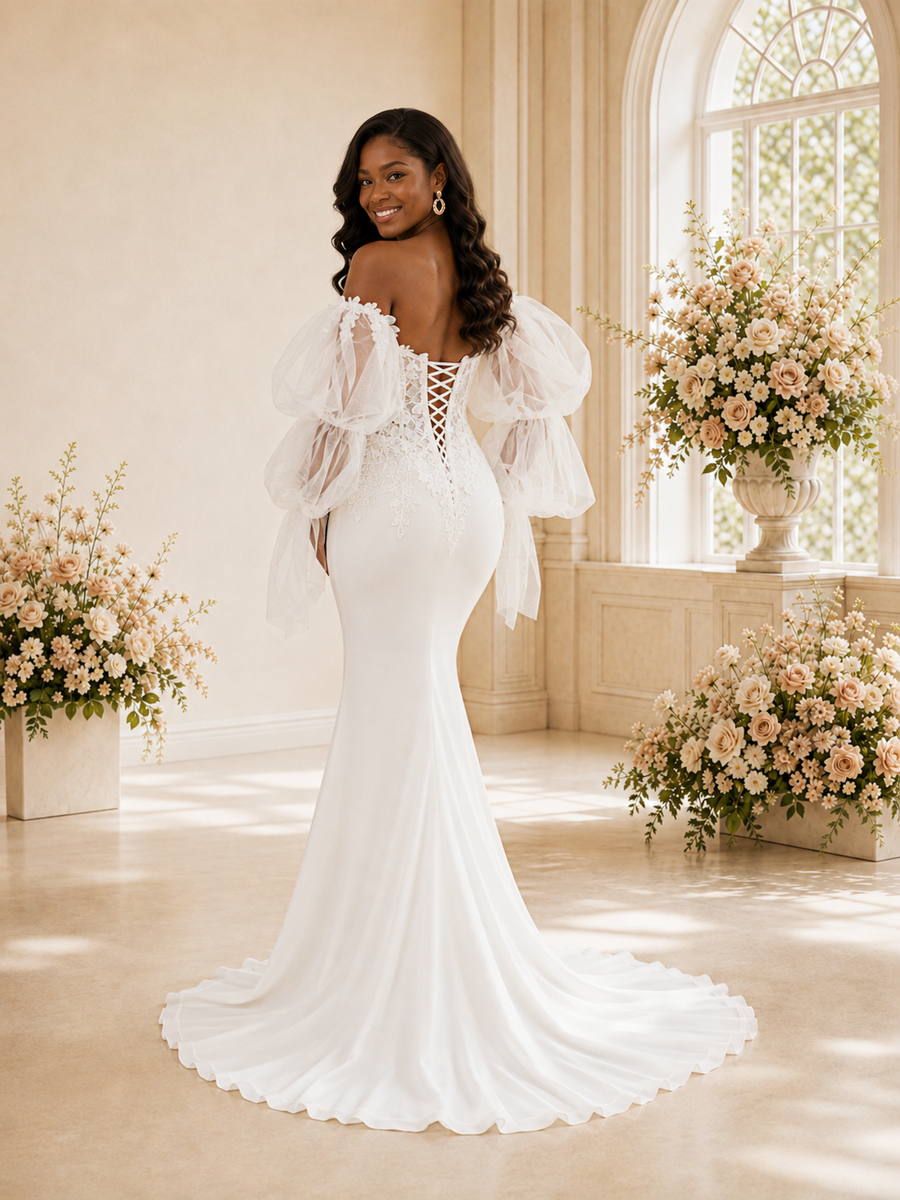 ChicSew Modern Sweetheart Crepe Mermaid Maxi Wedding Dress With Detachable Tulle Sleeves