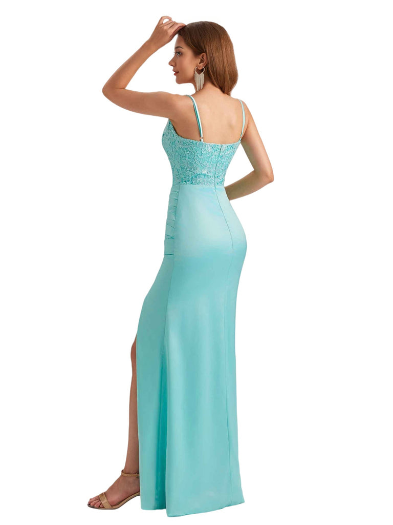 Sexy Mermaid Lace Silky Satin Spaghetti Straps Unique Long Bridesmaid Dresses Side Slit