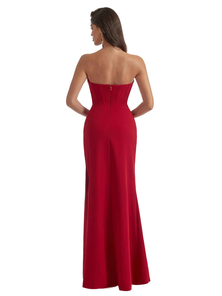 Sexy Sweetheart Mermaid Crepe Long Bridesmaid Dress For Wedding Boning Side Slit