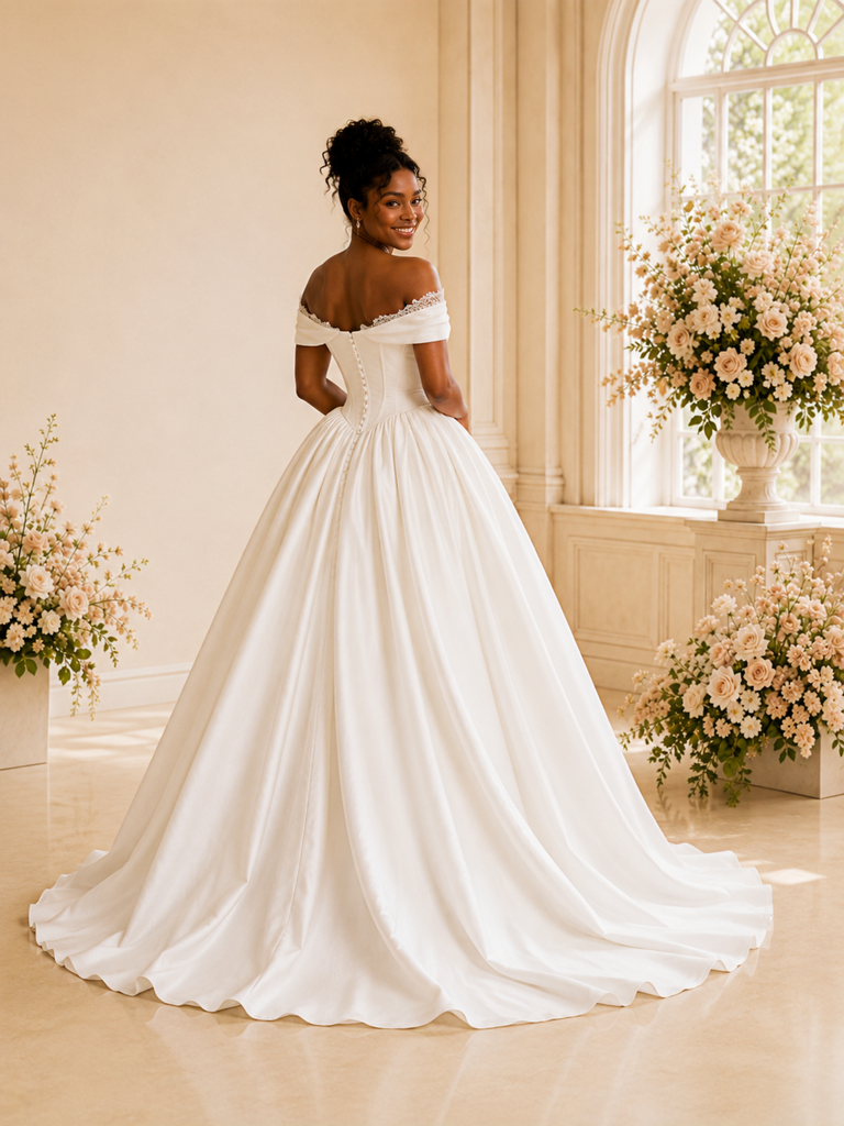 ChicSew Fancy Elegant Off The Shoulder Ruched Boning A-Line Satin Maxi Wedding Dress