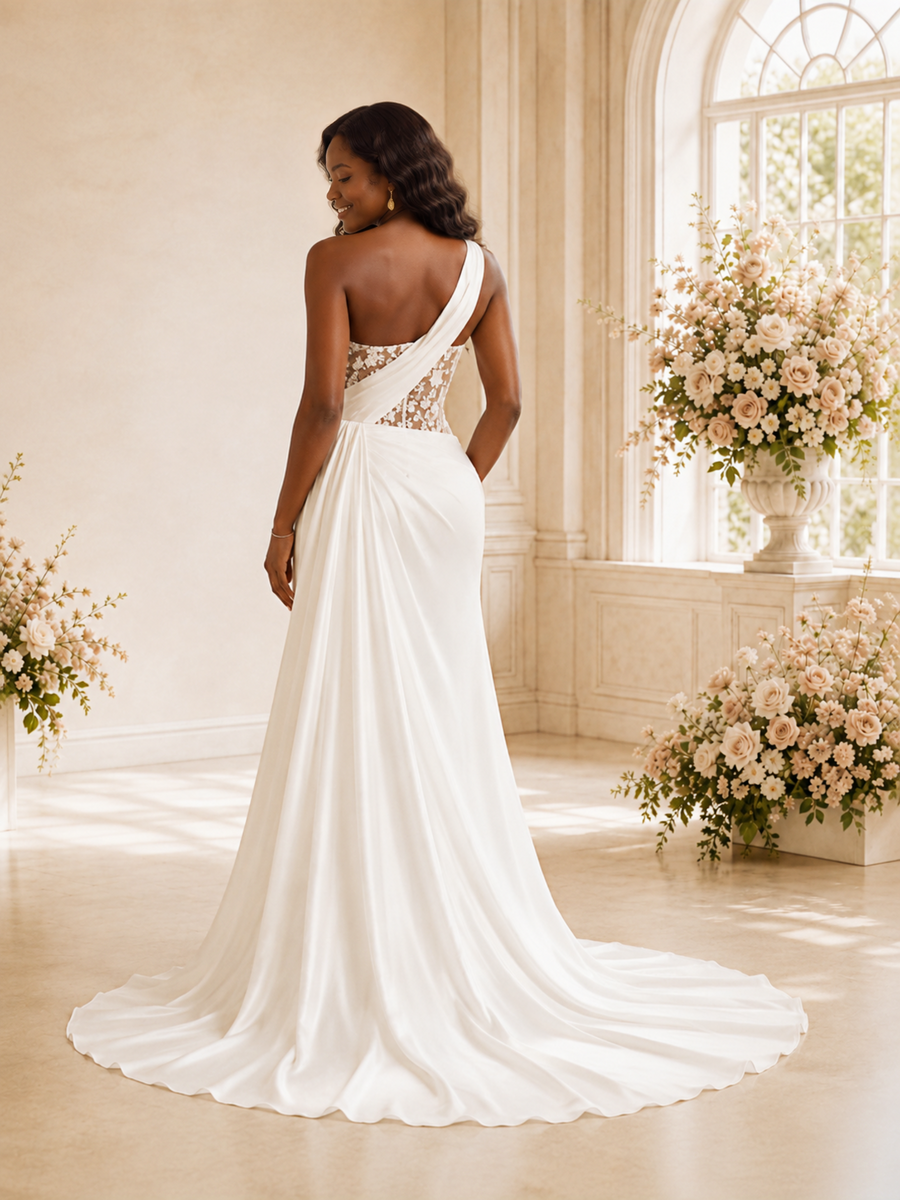 Chicsew Modern Mermaid One Shoulder Ruching Lace Satin Maxi Wedding Dress
