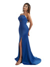 Sexy Mermaid Strapless Simple Silky Satin Long Bridesmaid Dresses Side Slit