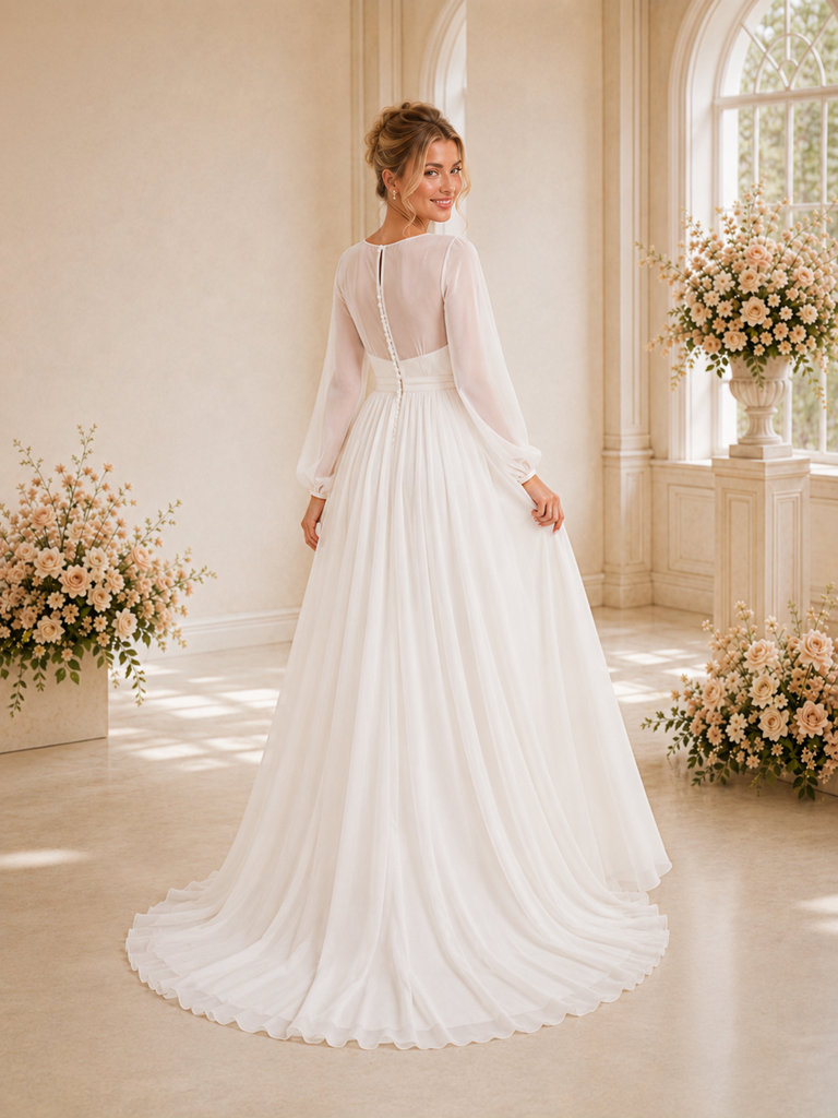 ChicSew Simple Bateau Long Sleeves Chiffon A-Line Floor-Length Wedding Dresses