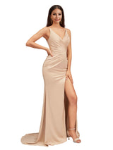 Elegant Spaghetti Straps V-Neck Side Slit Mermaid Stretch Satin Long Bridesmaid Dresses