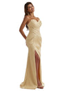 Gorgeous Strapless Mermaid Pleated Silky Satin Long Bridesmaid Dresses Slit Sweetheart