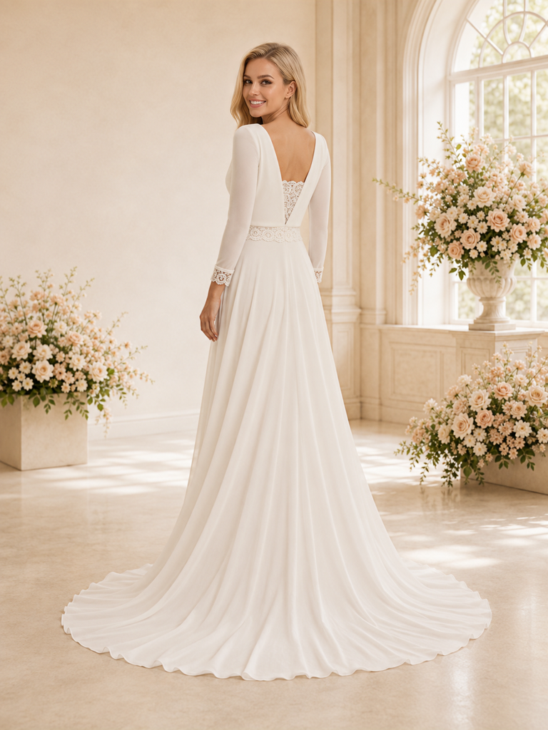 ChicSew Classy Unique Lace V-Neck Long Sleeves Chiffon A-Line Floor-Length Wedding Dress