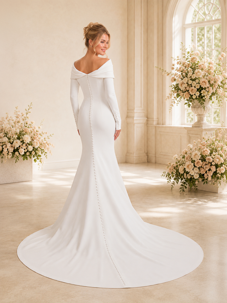 ChicSew Fancy Asymmetrical V-Neck Crepe Long Sleeves Mermaid Maxi Long Wedding Dress