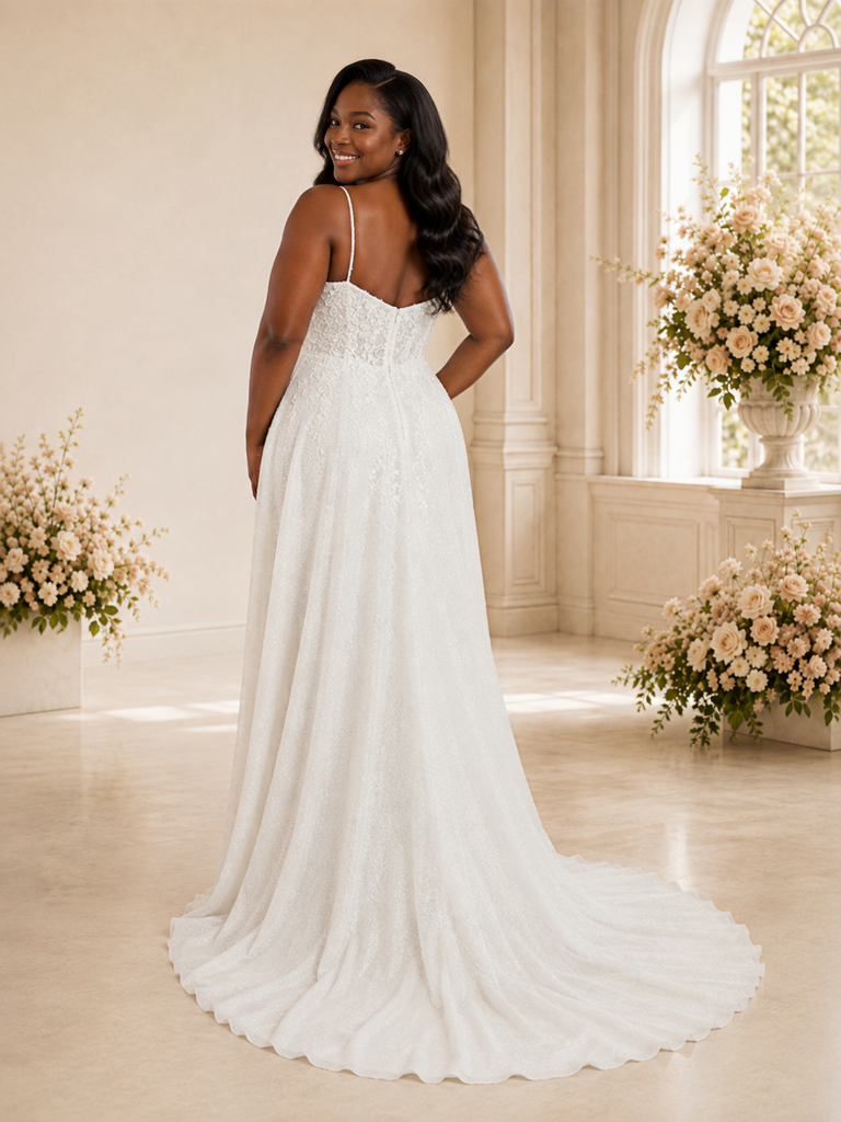 ChicSew Modern Spaghetti Straps Glitter Tulle Maxi A-Line Wedding Dress With Lace Appliques