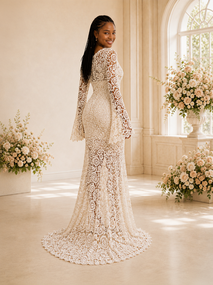 ChicSew Unique V-Neck Lace Appliques Long Sleeves Side Slit Maxi Mermaid Wedding Dress