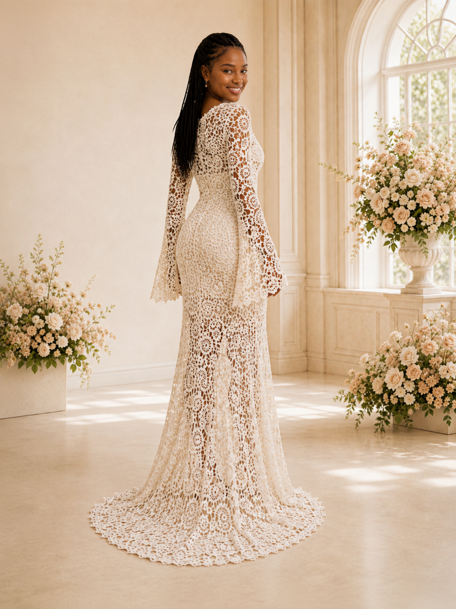 ChicSew Unique V-Neck Lace Appliques Long Sleeves Side Slit Maxi Mermaid Wedding Dress