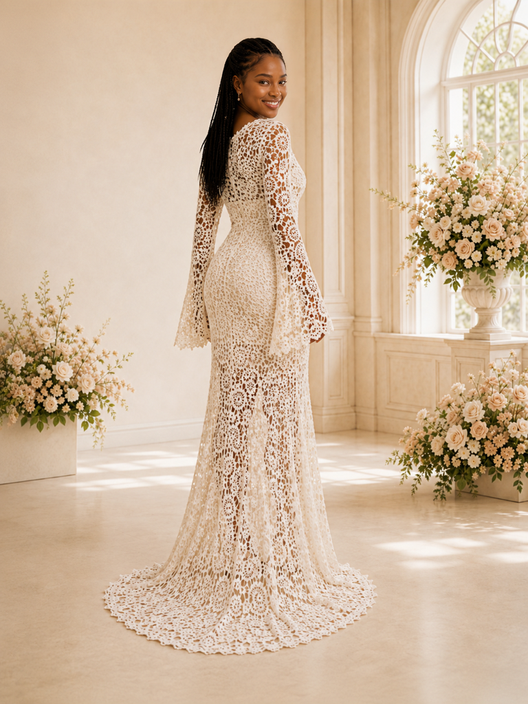 ChicSew Unique V-Neck Lace Appliques Long Sleeves Side Slit Maxi Mermaid Wedding Dress