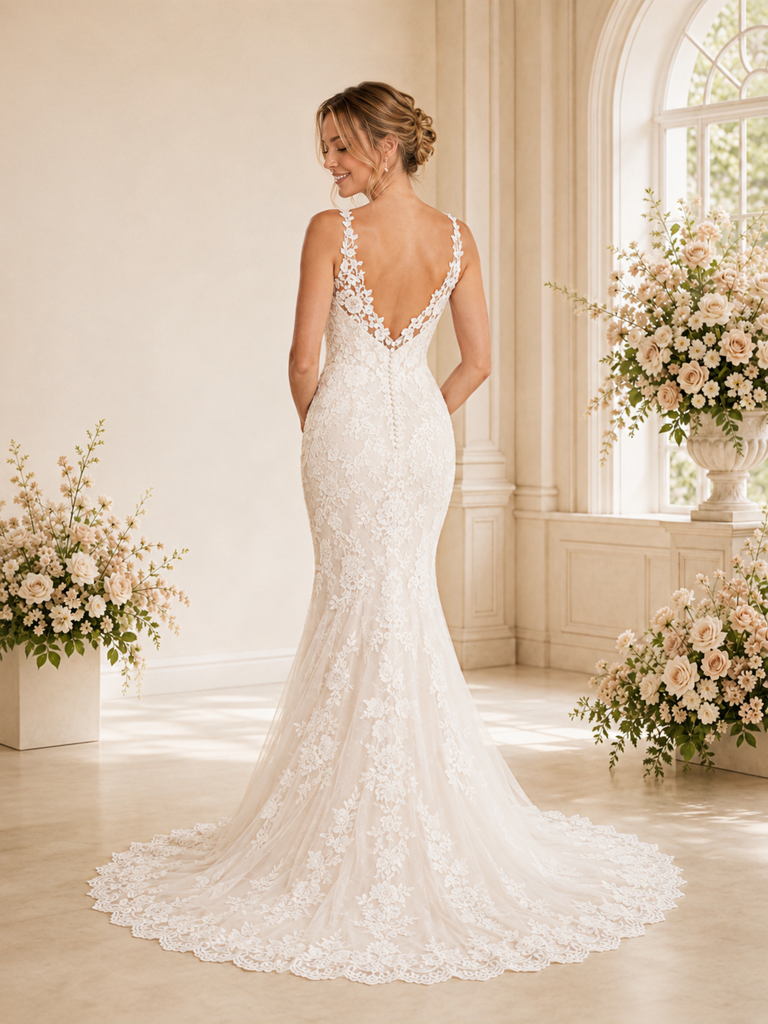 ChicSew Romantic Spaghetti Straps V-Neck Tulle Lace Appliques Maxi Wedding Dress