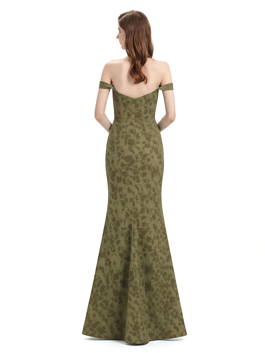 Elegant Off Shoulder Mermaid Side Slit Floral Satin Maxi Floral Formal Dresses For Women