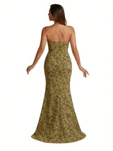 Trendy Sweetheart Strapless Side Slit Mermaid Long Satin Floral Formal Dresses For Women