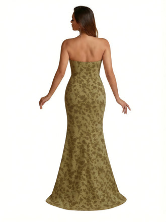 Trendy Sweetheart Strapless Side Slit Mermaid Long Satin Floral Formal Dresses For Women