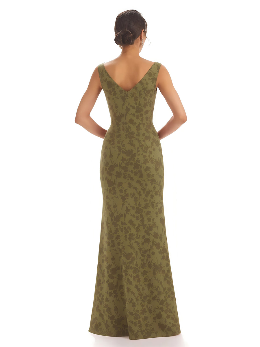 Trendy V-Neck Mermaid Floral Satin Maxi Floral Formal Evening Dresses For Women