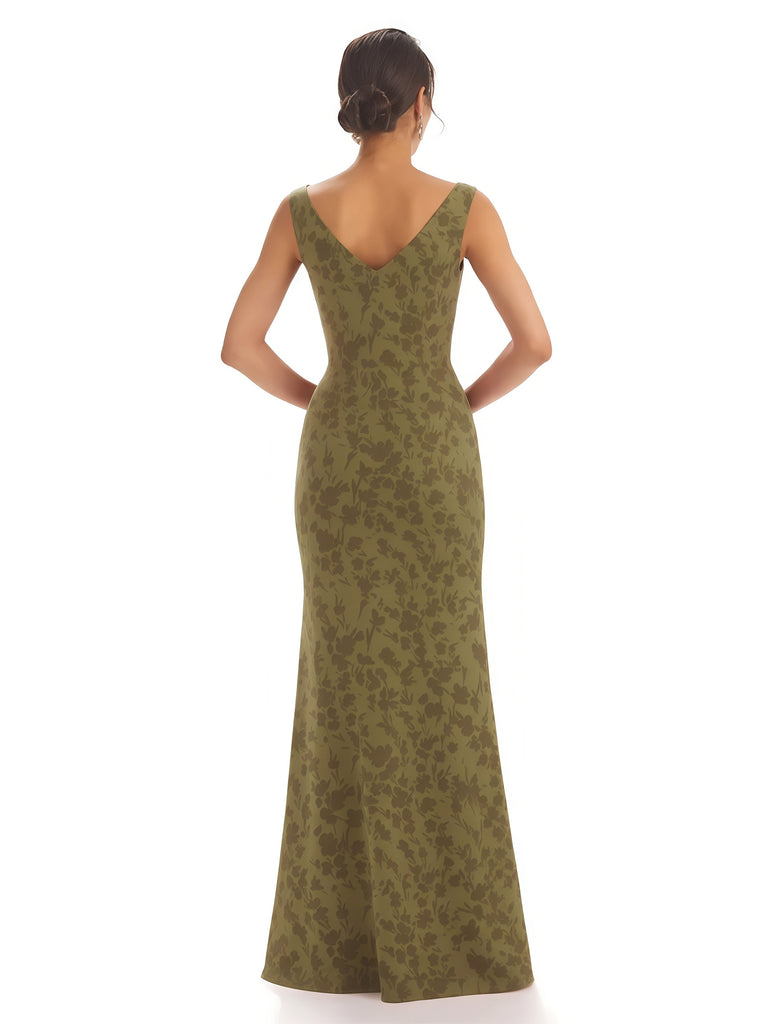 Trendy V-Neck Mermaid Floral Satin Maxi Floral Formal Evening Dresses For Women