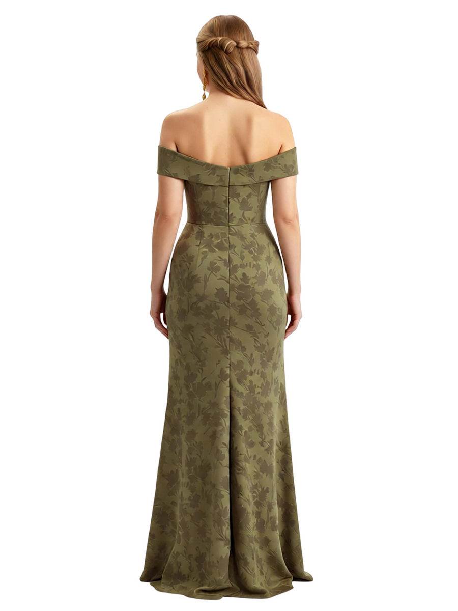 Simple Off Shoulder Side Slit Mermaid Long Satin Floral Formal Evening Dresses For Ladies