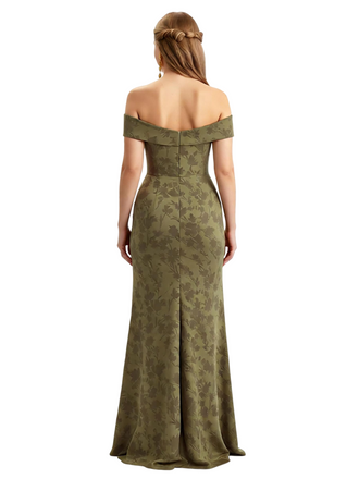 Simple Off Shoulder Side Slit Mermaid Long Satin Floral Formal Evening Dresses For Ladies