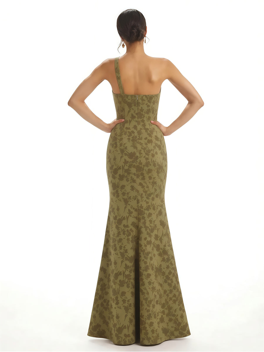 Elegant One Shoulder Side Slit Mermaid Floral Satin Maxi Floral Formal Dresses For Women