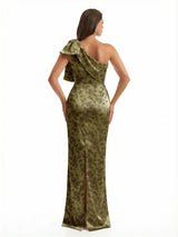 Elegant One Shoulder Mermaid Long Satin Floral Formal Dresses For Women With Back Slit