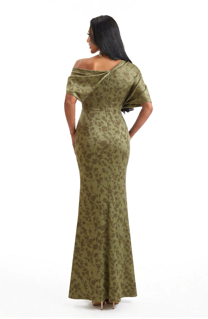 Elegant Half Sleeves Side Slit Mermaid Floral Satin Maxi Floral Formal Dresses For Women