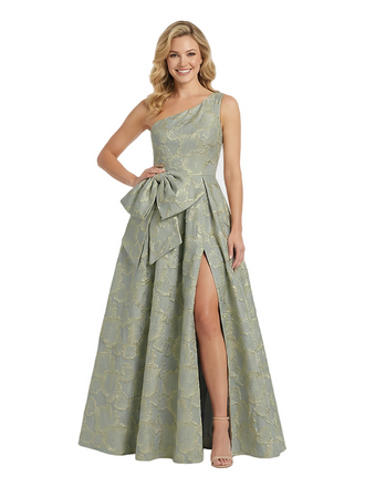 ChicSew Elegant Floral Jacquard One Shoulder Side Slit Bow Knot Long Formal Evening Dresses