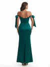 Sexy Off Shoulder Beading Ruched Satin Mermaid Silky Satin Long Formal Dresses Side Slit