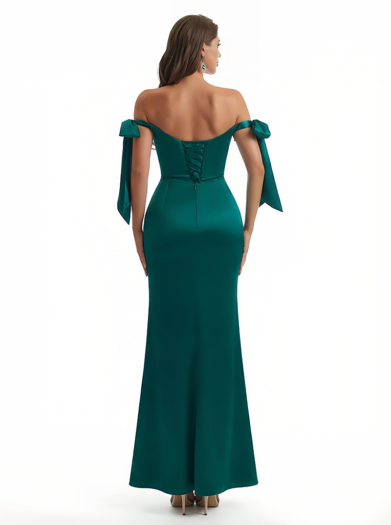 Sexy Off Shoulder Beading Ruched Satin Mermaid Silky Satin Long Formal Dresses Side Slit