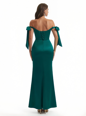 Sexy Off Shoulder Beading Ruched Satin Mermaid Silky Satin Long Formal Dresses Side Slit