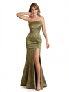 Elegant Strapless Side Slit Mermaid Long Satin Floral Formal Dresses For Women