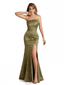 Elegant Strapless Side Slit Mermaid Long Satin Floral Formal Dresses For Women