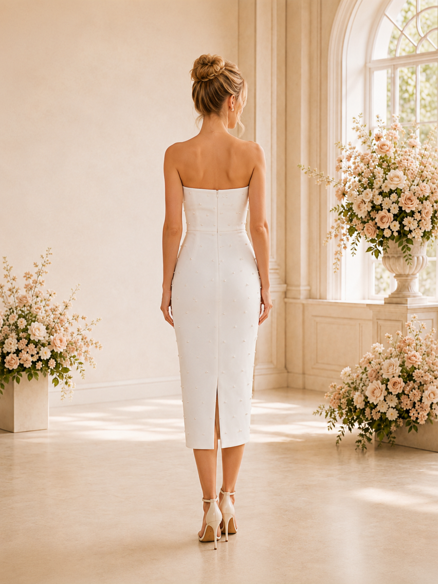 ChicSew Sexy Strapless Sheath Tea-Length Sleeveless Crepe Wedding Dresses