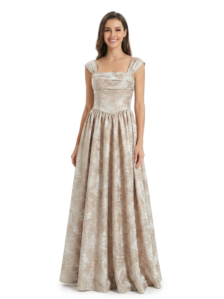 ChicSew Fancy Jacquard Satin Square Neck A-Line Long Evening Dresses For Women