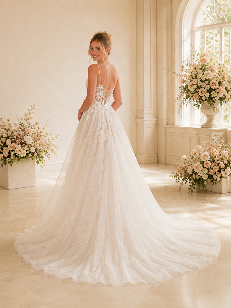 ChicSew Glam Spaghetti Straps A-Line Sleeveless Lace Glitter Tulle Long Wedding Dresses