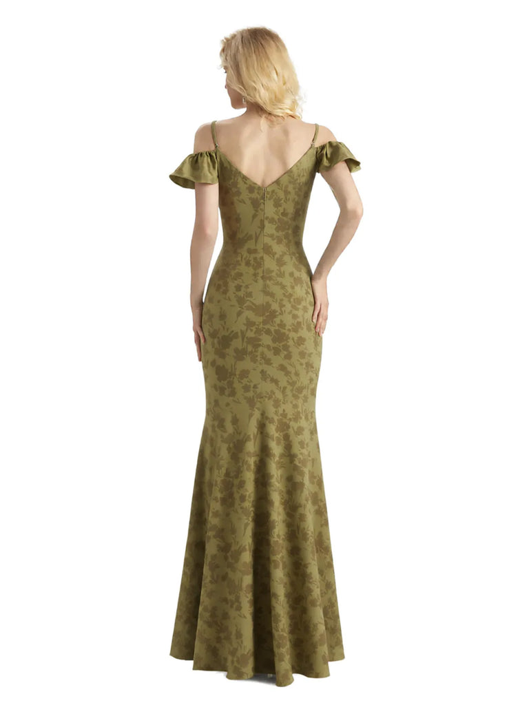 Beautiful Mermaid Cold Shoulder Floral Satin Maxi Floral Formal Dresses For Women