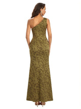 Elegant One Shoulder Mermaid Side Slit Floral Satin Maxi Floral Formal Dresses For Women