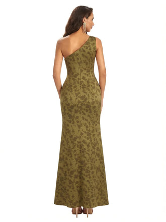 Elegant One Shoulder Mermaid Side Slit Floral Satin Maxi Floral Formal Dresses For Women