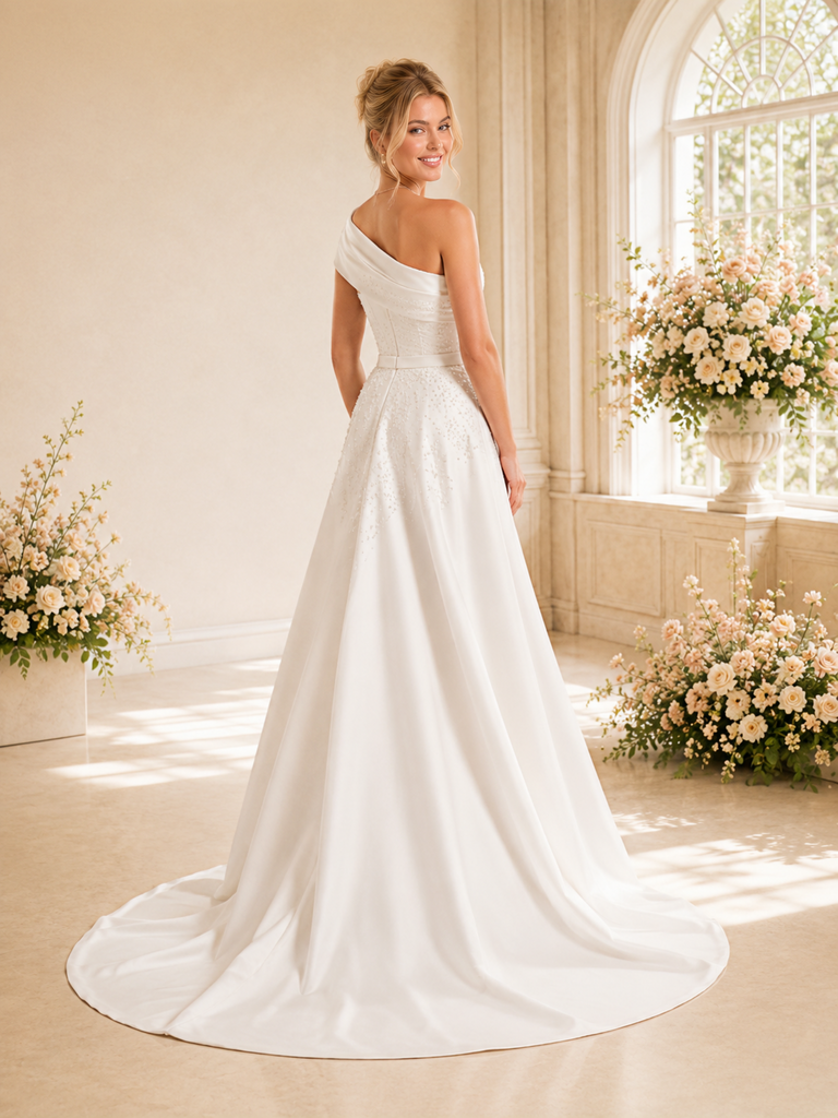 ChicSew Elegant Ruching Asymmetric Satin A-Line Wedding Dresses With Beading