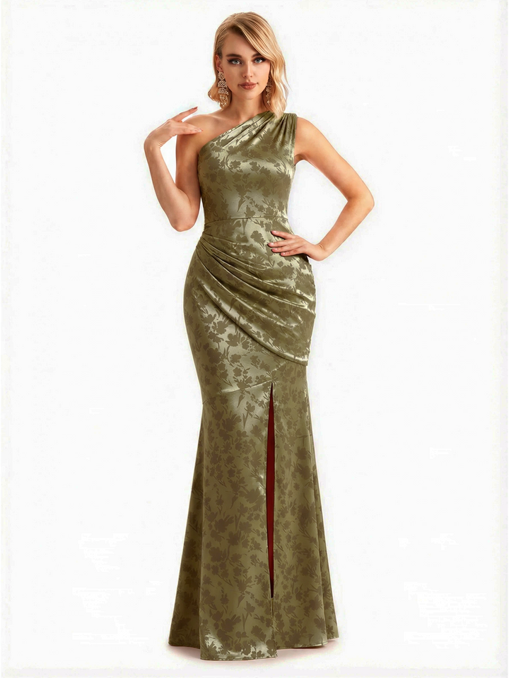 Sexy One Shoulder Side Slit Mermaid Long Satin Floral Formal Dresses For Women