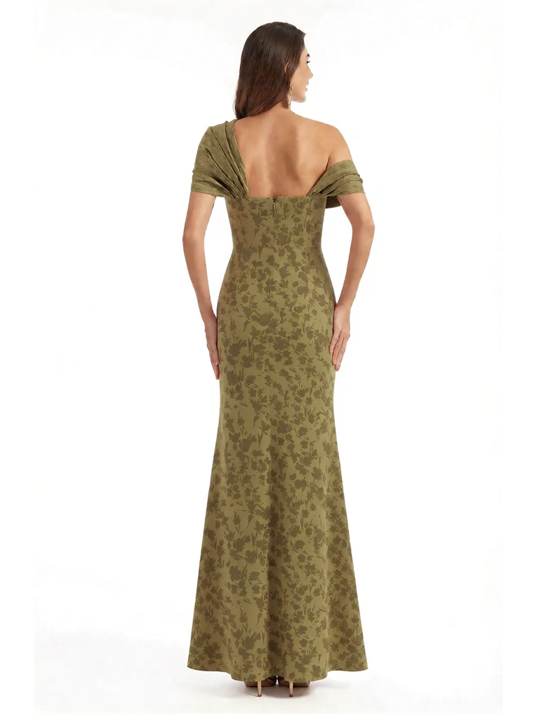 Elegant Asymmetrical Side Slit Mermaid Long Satin Floral Formal Dresses For Women