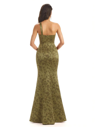 Sexy One Shoulder Side Slit Mermaid Satin Floral Formal Dresses For Women