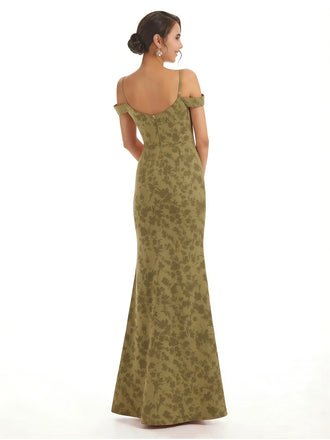 Trendy Cold Shoulder Side Slit Mermaid Floral Satin Maxi Floral Formal Dresses For Ladies