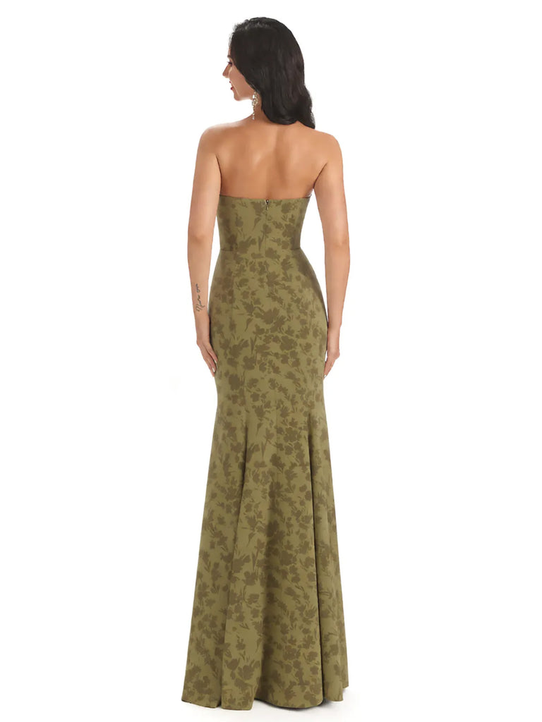 Sexy Sweetheart Side Slit Mermaid Long Satin Floral Formal Dresses For Women